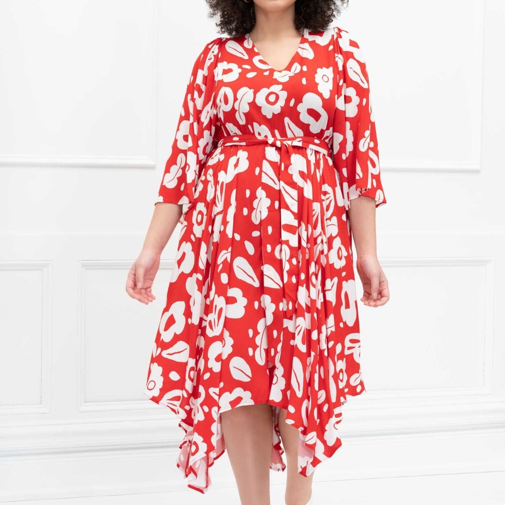 Red & White Eloquii Elements Kimono Sleeve Dress